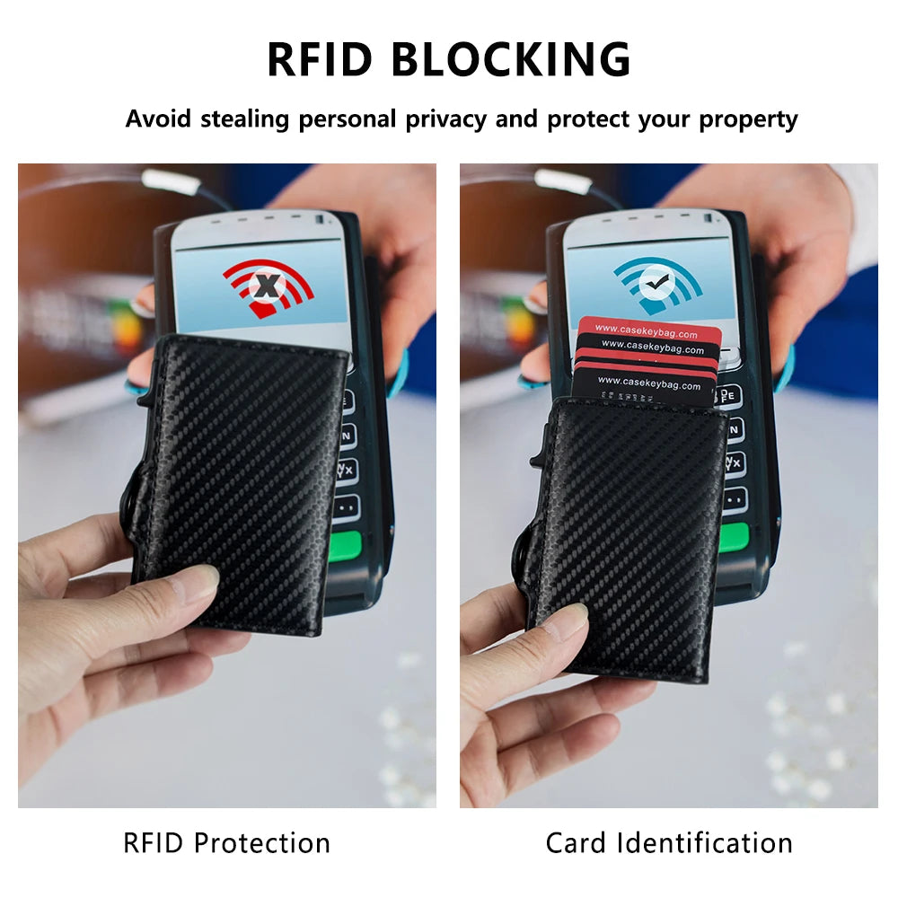 CASEKEY Carbon Fiber Protector Credit Card Holder Tarjetero Hombre RFID Leather Single Box Smart Wallet Slim Pop Up Card Case