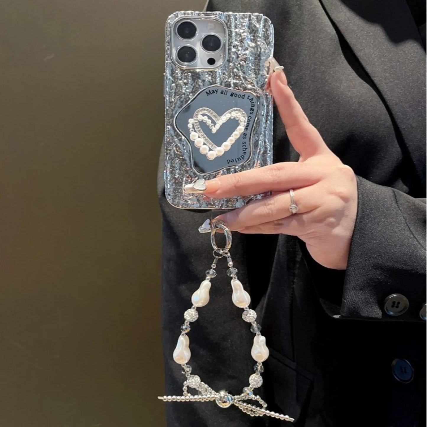 3D Love Pearl Mirror Bling Diamond Bow Bracelet Strap Chain Phone Case For iPhone 15 14 Plus + 13 11 12 Pro Max 7 8 XS XR Cover