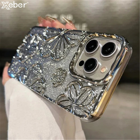 Luxury Plating Clear Bling Glitter Gradient Flowers Phone Case For iPhone 15 11 12 13 14 Pro Max Soft Silicone Shockproof Cover