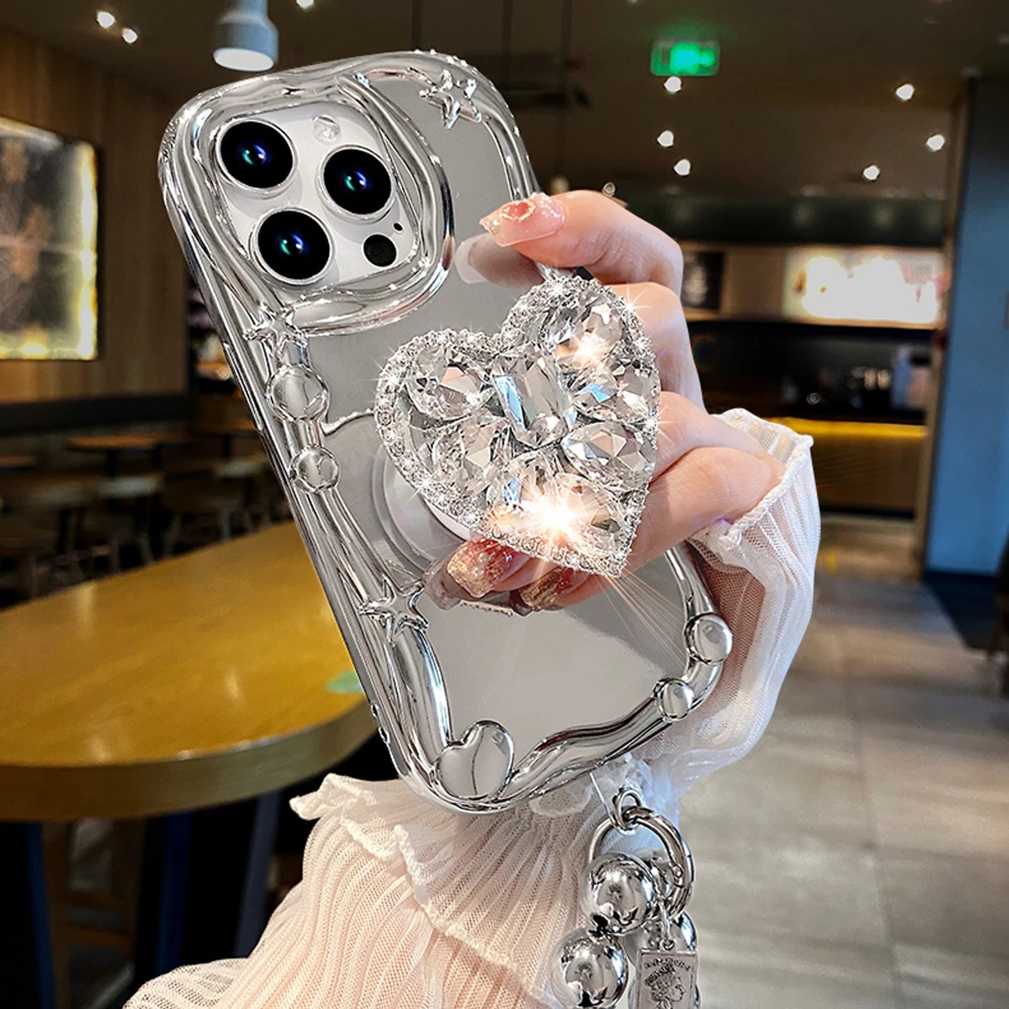 3D Diamond Heart Holder Strap Phone Case For iPhone 15 14 13 12 11 Pro Max  X XS XR 7 8 Plus +