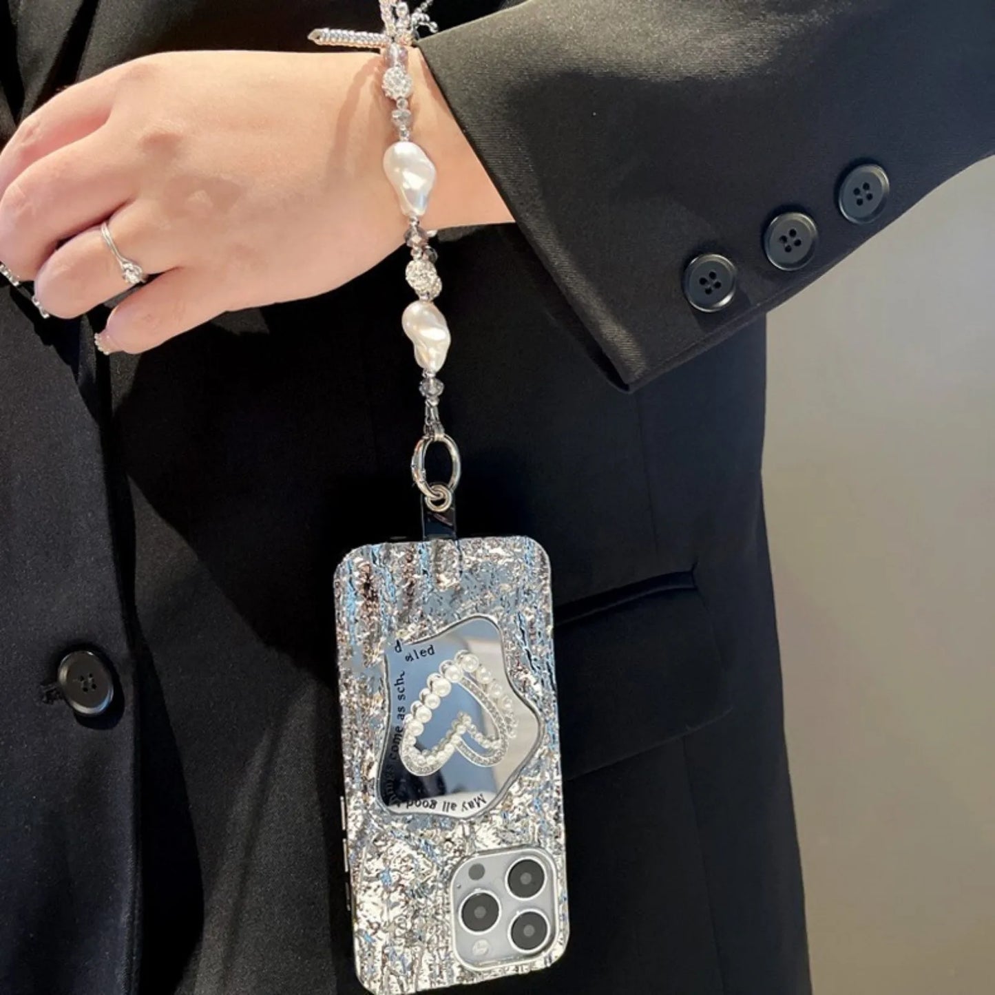 3D Love Pearl Mirror Bling Diamond Bow Bracelet Strap Chain Phone Case For iPhone 15 14 Plus + 13 11 12 Pro Max 7 8 XS XR Cover