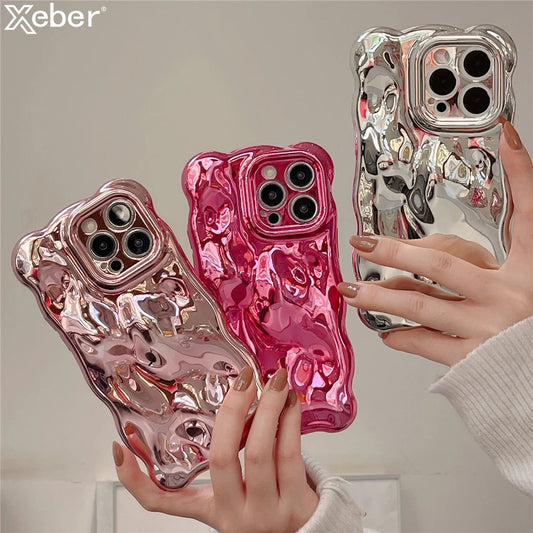 Luxury Plating Wrinkle Wavy Curly Edge Phone Case For iPhone 15 11 12 13 14 Pro Max 3D Unevenness Soft Camera Protection Cover